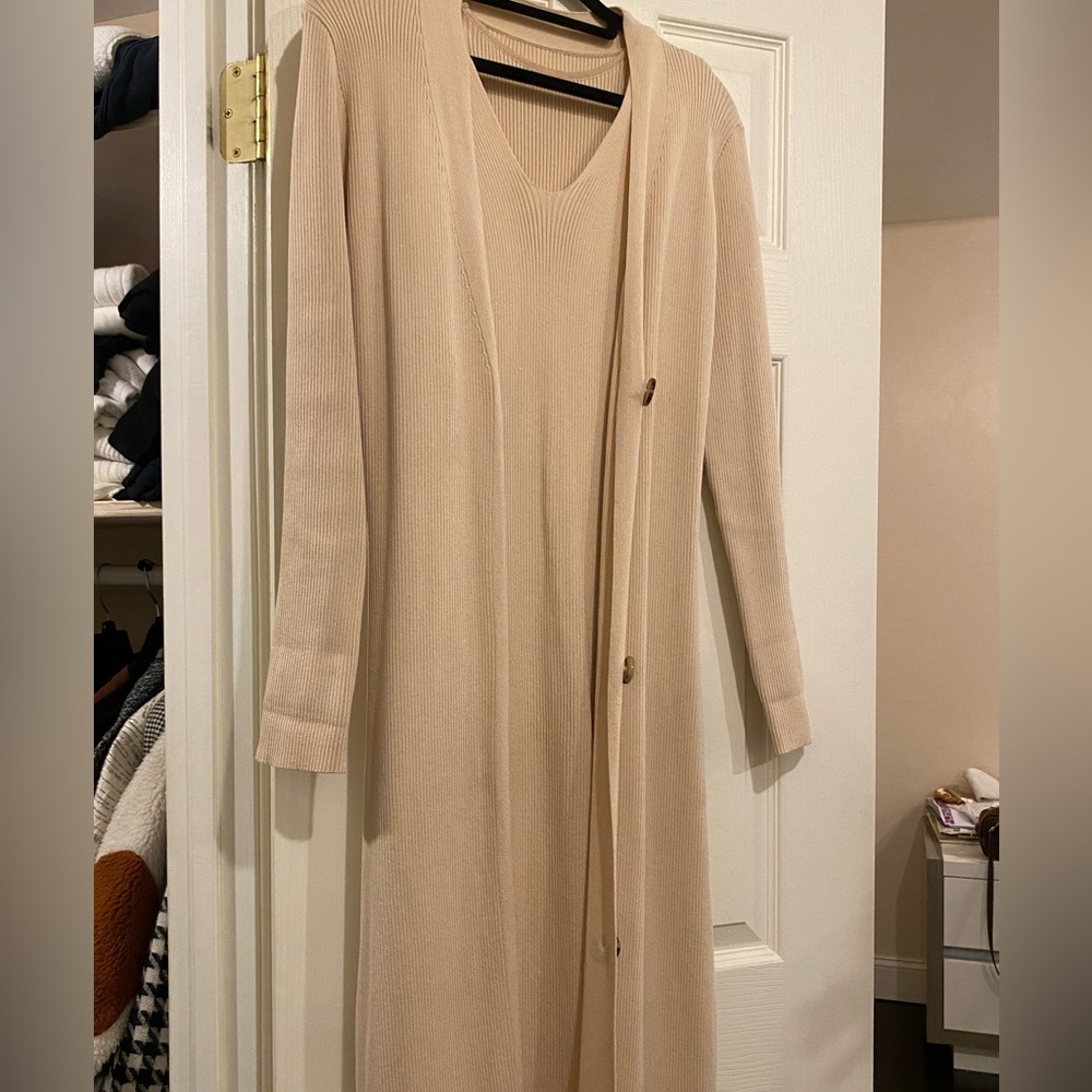 Beige Ribbed Knit Cardigan Dress